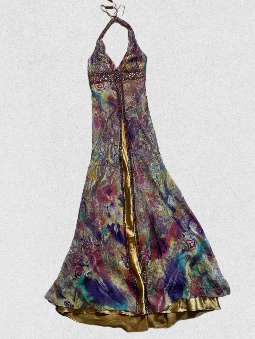 Y2K Sue Wong Paisley Print Halter Maxi Dress with Beaded Waist - Picture 5 of 10